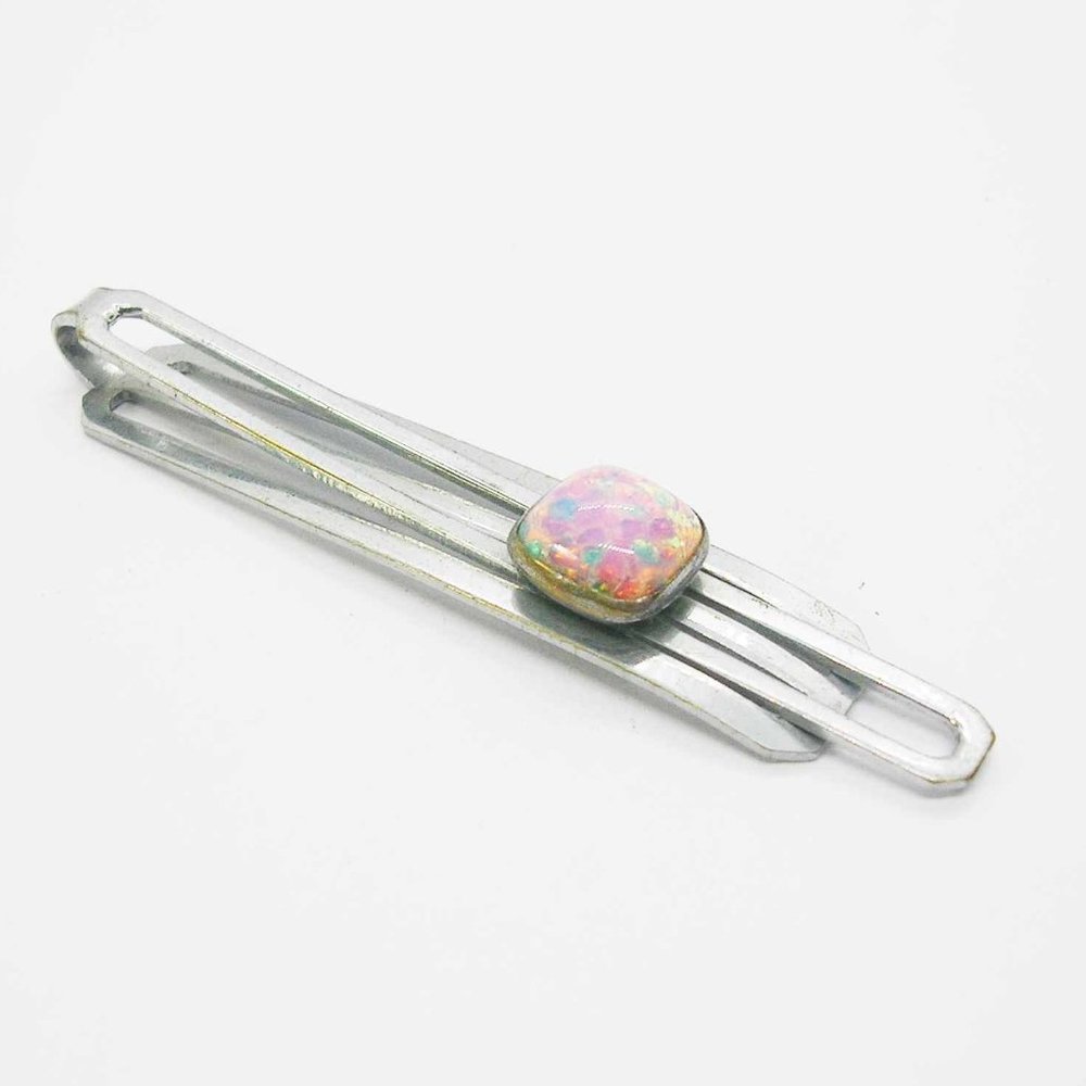 Art Deco Tie Bar vintage Tie Clip Faux opal Acrylic Front Formal Wear